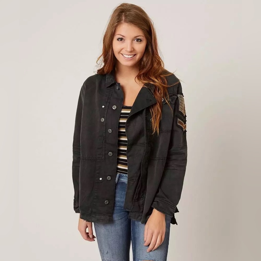Free People Black Washed Denim Military Jacket